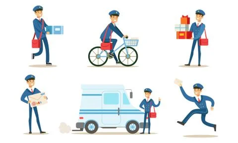 Cheerful Postman or Mailman Delivering Mails and Packages Set Vector Illustration
