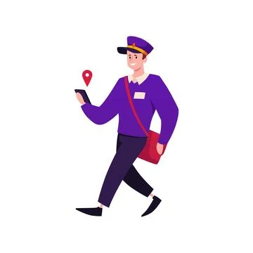 Cheerful postman in uniform with parcels and letter delivers mail using Stock Illustration