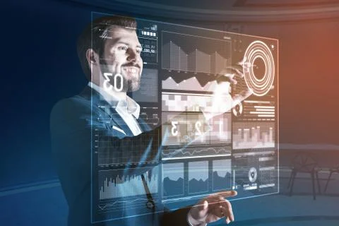 Cheerful programmer feeling happy while working with a new computer Stock Photos