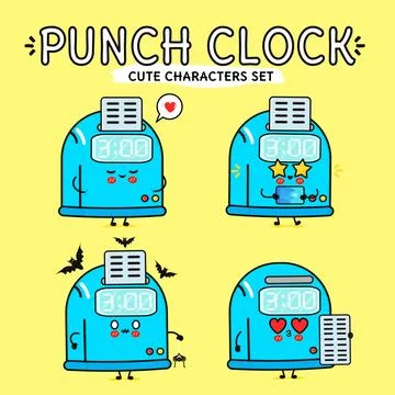 Cheerful punch clock characters express a range of emotions in a cute, cart.. Stock Illustration