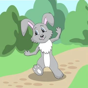 Cheerful rabbit walks on a path in the woods. Vector 스톡 일러스트