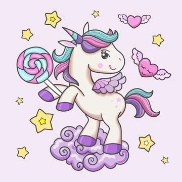 Cheerful rainbow unicorn with candy on the cloud. Vector Stock Illustration