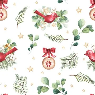 Cheerful red bird seamless pattern for Christmas themed design. Watercolorpine Illustrazione stock