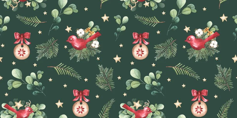 Cheerful red bird seamless pattern for Christmas themed design. Watercolorpine Stock Illustration