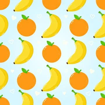 A cheerful repeating pattern featuring cartoon bananas and oranges with hea.. Illustrazione stock