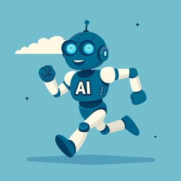 Cheerful robot is running on blue background. Text AI on chest. Cartoon sty.. Stock Illustration