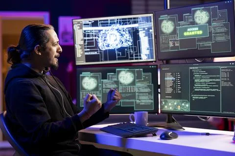 Cheerful rogue programmer delighted after getting access granted message Stock Photos