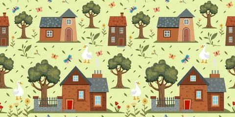 A cheerful rustic pattern featuring a green lawn, cozy houses, flowers, and イラスト素材