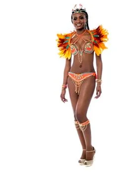 Cheerful samba dancer posing over white Stock Photos