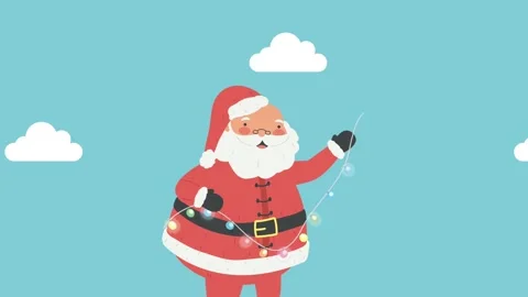 A cheerful santa claus appears from left holding festive light string and c.. Stock Footage 333427054