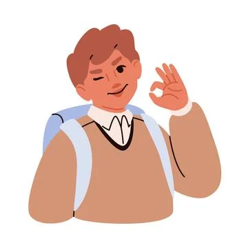 Cheerful schoolboy with backpack winking and showing okay. Vector illustratio Stock Illustration