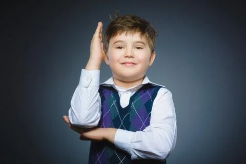 Cheerful Schoolboy ready to answer question isolated on gray background Stock Photos