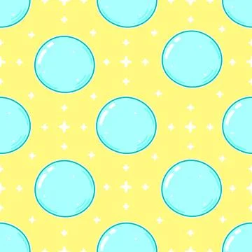 A cheerful seamless pattern of blue bubbles and stars over a yellow backdrop. Stock Illustration