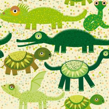 Cheerful seamless pattern with crocodile, turtle, dragon iguana, snake Green Illustrazione stock
