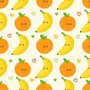 A cheerful seamless pattern of cute bananas and oranges with hearts on a cr.. Stock Illustration