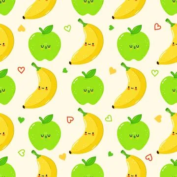 A cheerful seamless pattern with cute cartoon bananas, apples, and hearts o.. Illustrazione stock