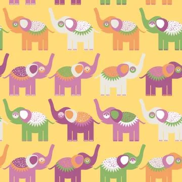 Cheerful seamless pattern with elephants. Purple orange, green. vector Illustrazione stock