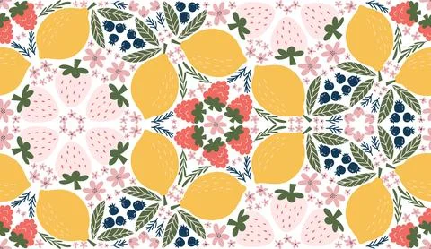 Cheerful seamless pattern featuring illustrations of white strawberries, ra.. Stock Illustration