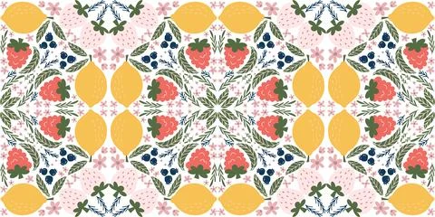 Cheerful seamless pattern featuring illustrations of raspberries, lemons, white 스톡 일러스트