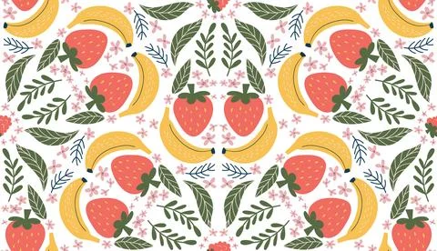 Cheerful seamless pattern featuring illustrations of bananas, red strawberries Stock Illustration