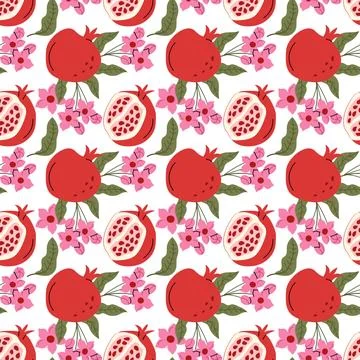 Cheerful seamless pattern featuring red pomegranates, pink flowers and fresh  Stock Illustration