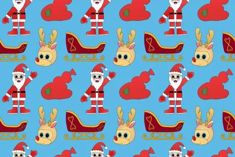 Cheerful seamless pattern featuring Santa Claus, reindeer, sleigh, and red gi Stock Illustration