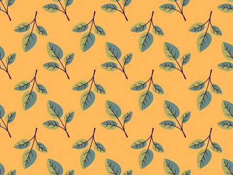 A cheerful, seamless pattern featuring stylized teal leaves on a warm orang.. Illustrazione stock