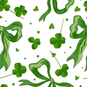 Cheerful seamless pattern of green ribbon bows, shamrock leaves, and hearts.. Stock Illustration