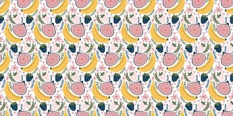 Cheerful seamless pattern with illustrations of bananas, figs, blackberries.. Stock Illustration