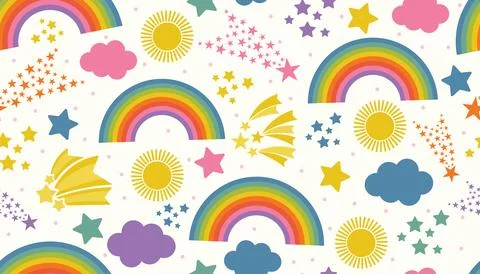 Cheerful seamless pattern with rainbows, shooting stars, clouds, and suns in  Stock Illustration