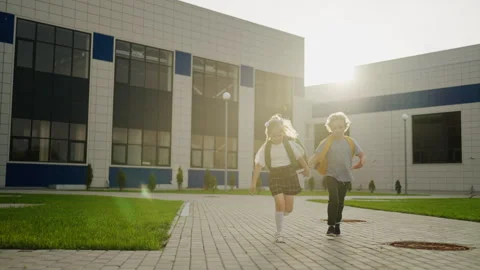 Cheerful Seven-Year-Old School Children Running In School Yard After Classes Stock Footage 249019733