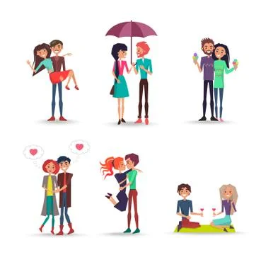 Cheerful Six Pair of Lovers on White Background Ilustração Stock