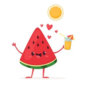 Cheerful slice of watermelon under the sun with a drink in hand. Vector illustra Stock Illustration