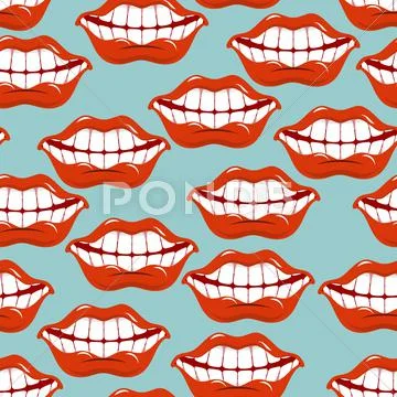 Cheerful Smile Lip Seamless Pattern. Red Lips And White Teeth Texture. Open M