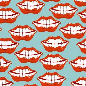 Cheerful smile lip seamless pattern. Red lips and white teeth texture. Open m Stock Illustration