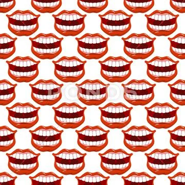 Cheerful Smile Lip Seamless Pattern. Red Lips And White Teeth Texture. Open M