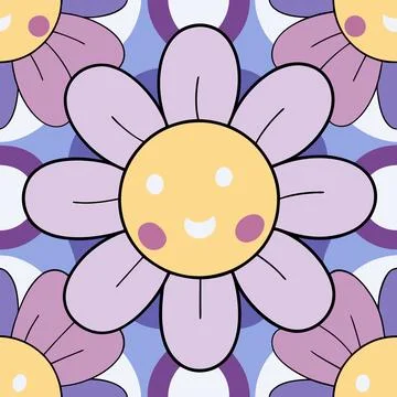 Cheerful Smiling Flowers with Geometric Patterns in Bright Pastel Tones Stock Illustration