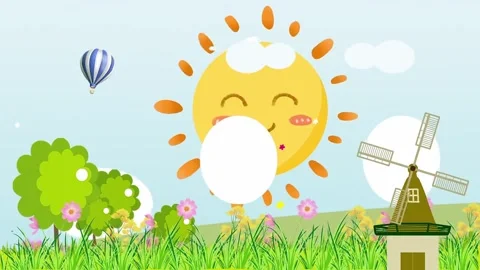 Cheerful Smiling Sun with Windmill and Hot Air Balloon Kids Cartoon Landscape Stock-Footage 337461157
