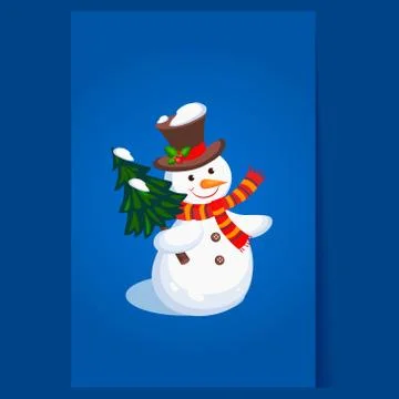 Cheerful Snowman holding a Christmas Tree. Holiday Vector Stock Illustration