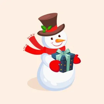 Cheerful Snowman holding a Present. Vector Illustration Stockillustratie