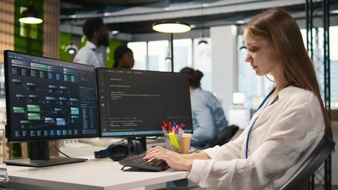 Cheerful startup manager satisfied with progress of intern learning to use AI 写真素材