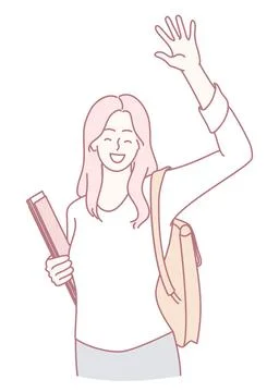 A cheerful student waves with her backpack of books, showing enthusiasm for Stock Illustration