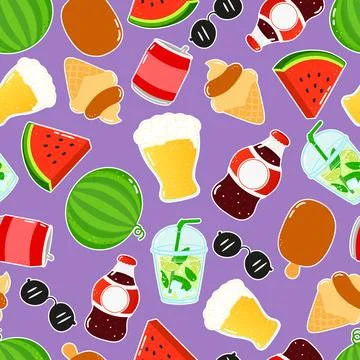 Cheerful summer pattern with watermelon, ice cream, and refreshing drinks Stock Illustration