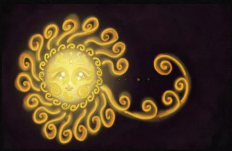 Cheerful sun with small planets on a dark background Stock-Illustration