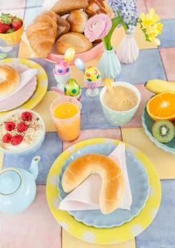 Cheerful table setting for breakfast Stock Photos