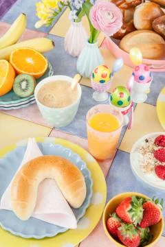 Cheerful table setting for breakfast Stock Photos
