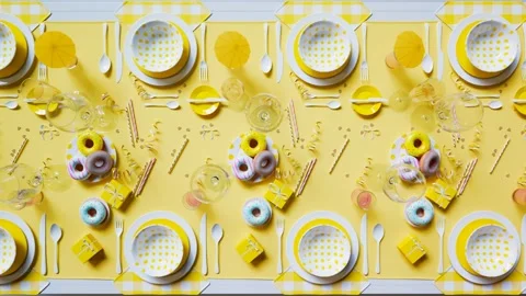 Cheerful tableware. Dinner set at the birthday reception. Party time.Celebration Stock Footage 145763095