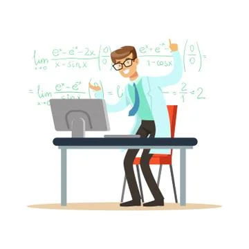 Cheerful theoretical physicist or mathematician solved the problem Stock Illustration