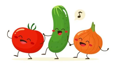 Cheerful tomato, cucumber and onion go together holding hands. Friends forever.  Stock Illustration