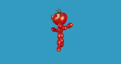 Cheerful tomato man in glasses is dancing on a blue background. Puppet show. Stock Footage 140384498